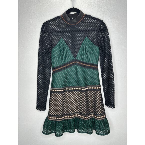 Self Portrait Black Eyelet Mesh Green & Orange Contrast High Neck Dress 6 - Picture 4 of 16